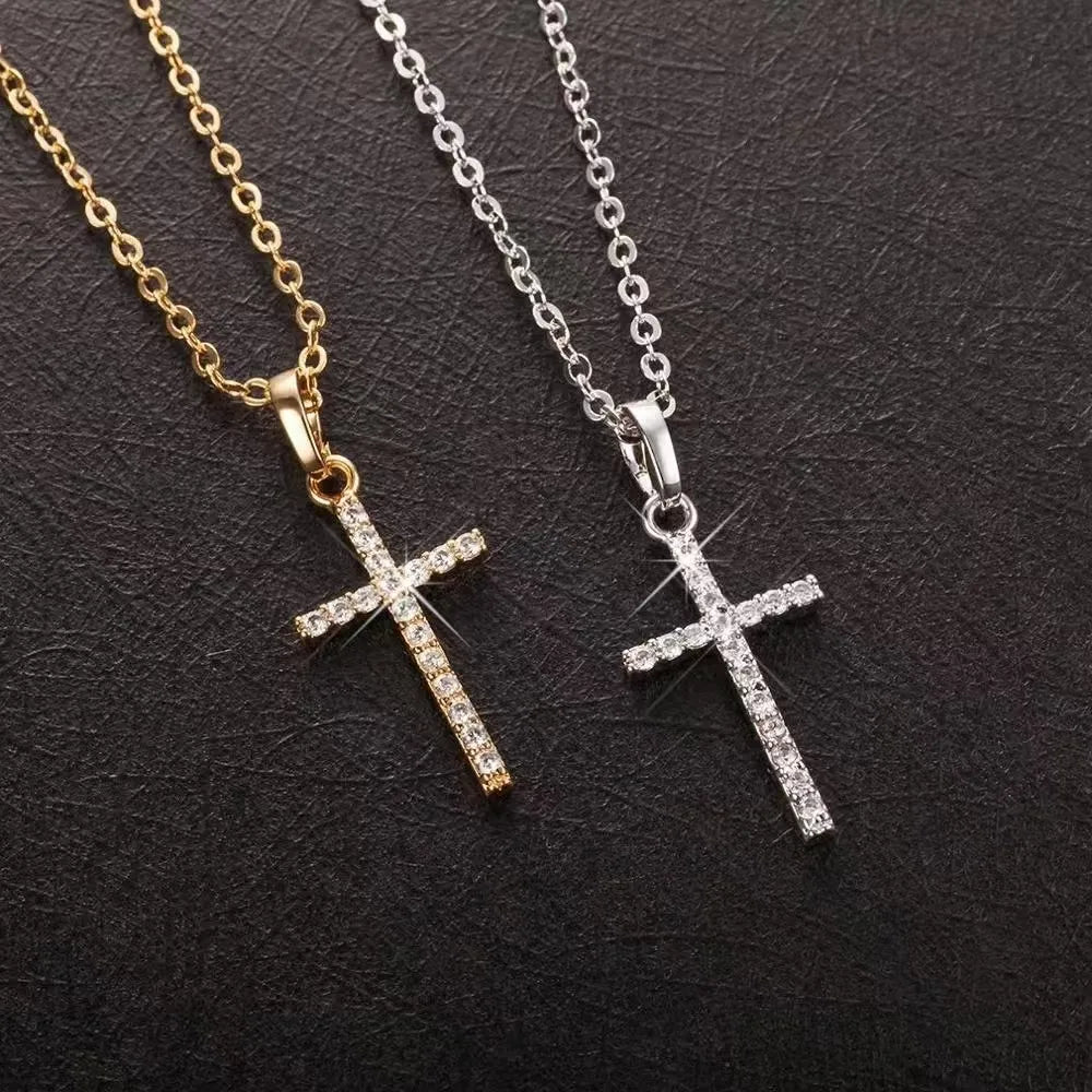 Fashion Jewelry Cross Pendant Necklace with Zircon Accessories, Simple Punk Style Unisex Couple Necklace.