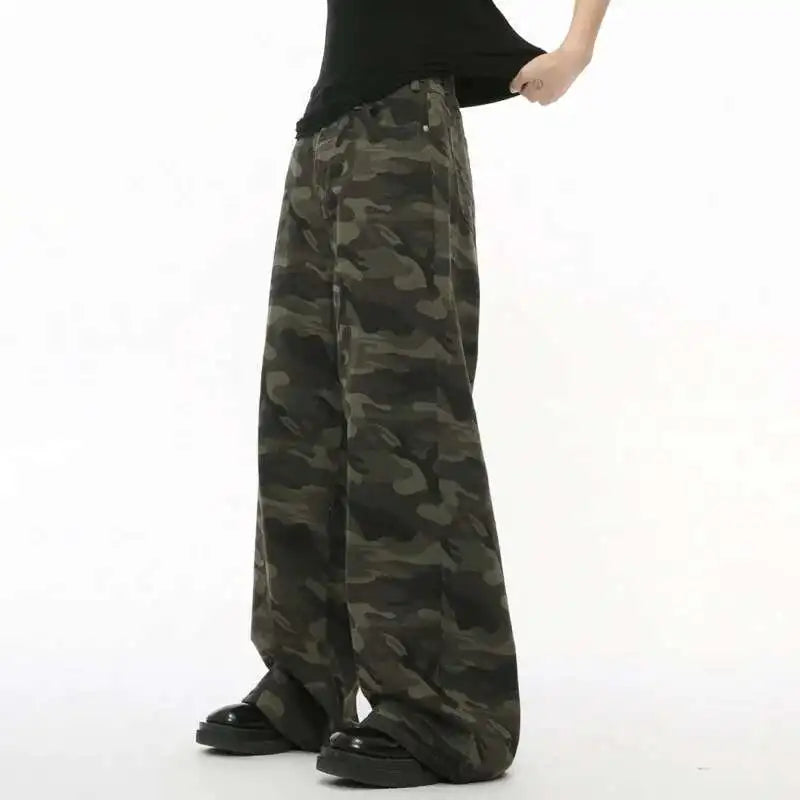 Vaqueros Hombre Camuflaje Pierna Ancha – Denim Casual Vintage Lavado, Talla XS-XL