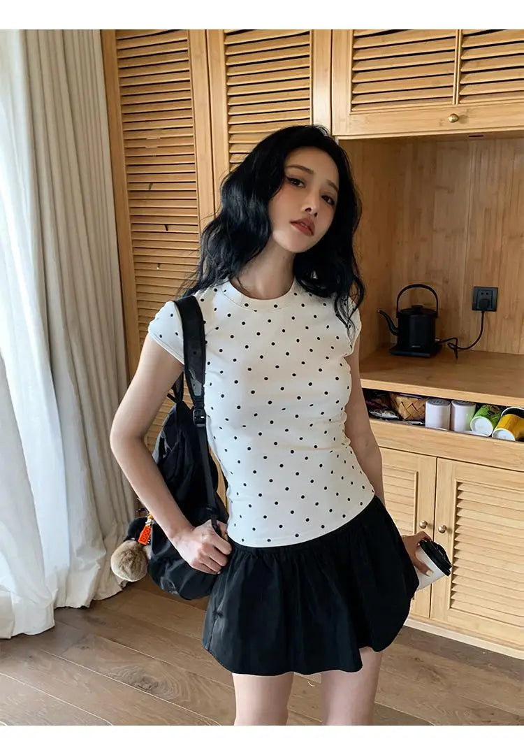 Camiseta Yedinas Streetwear de lunares para mujer, manga corta, estilo coreano, ajustada, vintage, tops de verano, camisetas Y2K, chic