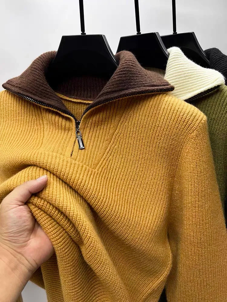 Suéter de Punto con Media Cremallera y Cuello Alto – Estilo Coreano Abrigado