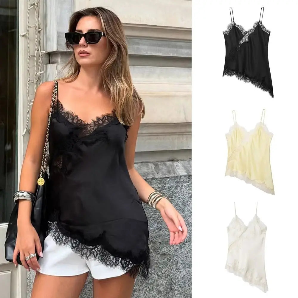 Top Camisola Asimétrica Encaje Mujer – Sin Espalda Elegante, Cuello V Sexy