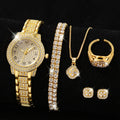 Set de Joyeria Dorada para Mujer – Reloj, Collar, Pendientes & Pulsera con Diamantes