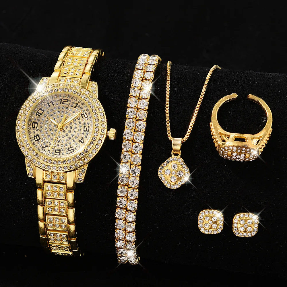 Set de Joyeria Dorada para Mujer – Reloj, Collar, Pendientes & Pulsera con Diamantes