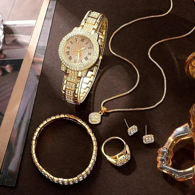 Set de Joyeria Dorada para Mujer – Reloj, Collar, Pendientes & Pulsera con Diamantes
