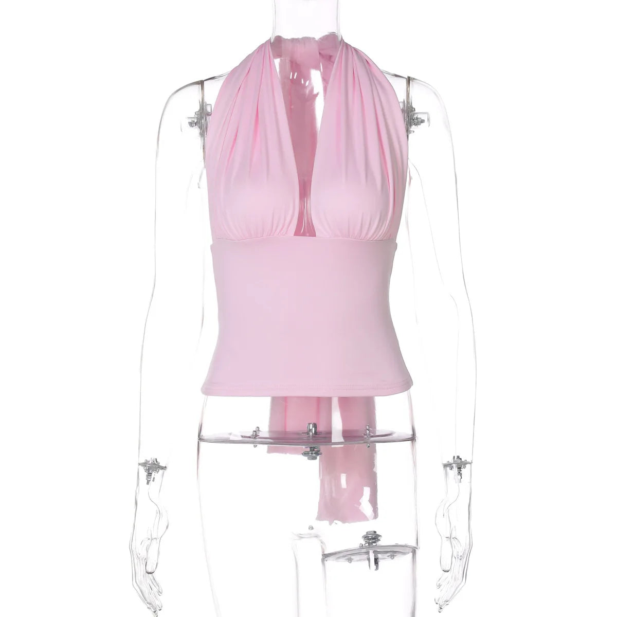 Top corto sexy de tirantes con cuello en V para mujer; estilo Y2K ajustado, sin espalda, con cordones y detalle fruncido. Ideal para fiestas y discotecas. Tendencia verano 2026.