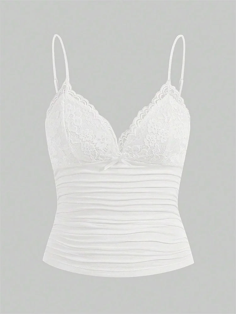 Top Cami con Encaje & Lazo Mujer – Estilo Y2K Grunge Punk, Espalda Fruncida