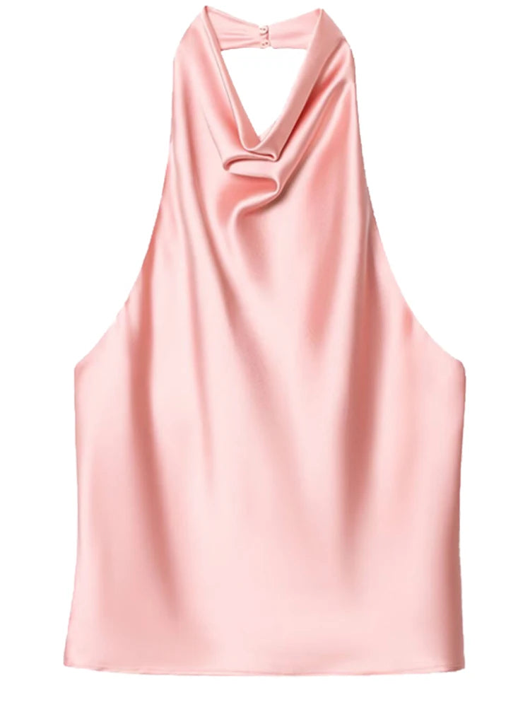 Top Corsé Halter Satén Mujer – Sin Espalda Elegante, Amarillo, Rosa & Negro