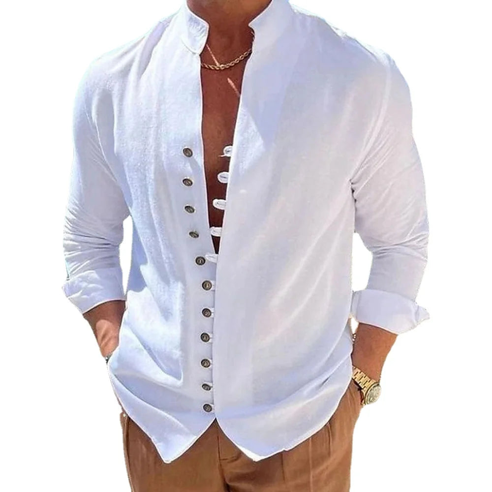 Camisa Hombre Casual Manga Larga Color Liso Holgada – Estilo Vintage Talla Grande Primavera