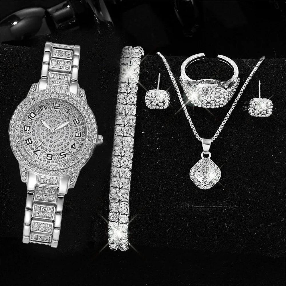 Set de Joyeria Dorada para Mujer – Reloj, Collar, Pendientes & Pulsera con Diamantes