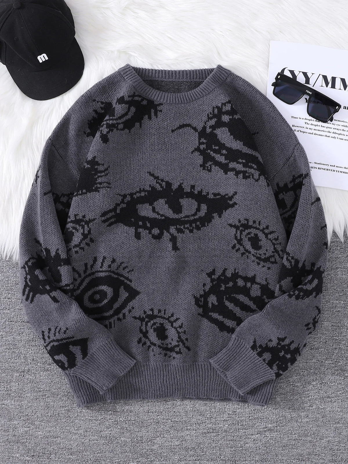 Abstract Eye Motif Jacquard Sweater – Casual Fall-Winter Pullover