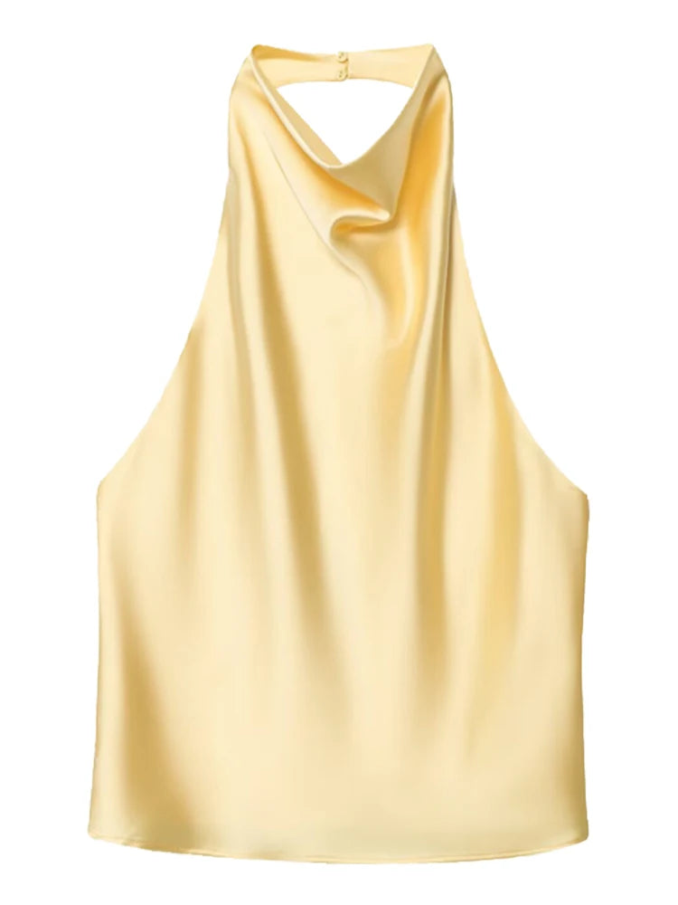 Top Corsé Halter Satén Mujer – Sin Espalda Elegante, Amarillo, Rosa & Negro