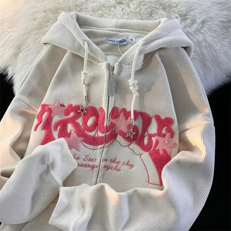 Sudadera Oversize Y2K con Cremallera y Bordado Gris