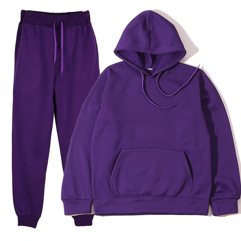 Conjunto Chándal Hombre 2 Piezas Hoodie + Pantalón – Deportivo Casual Color Sólido, Talla S-3XL