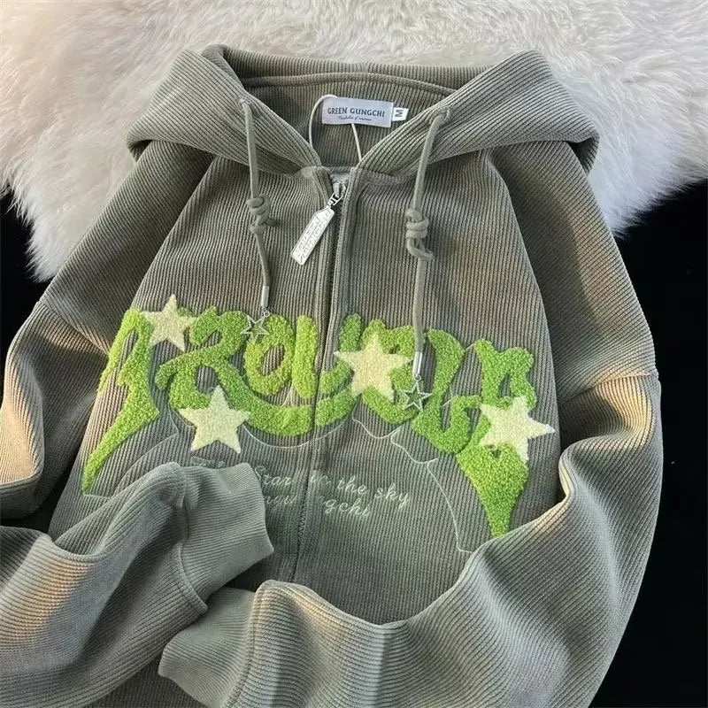 Sudadera Oversize Y2K con Cremallera y Bordado Gris