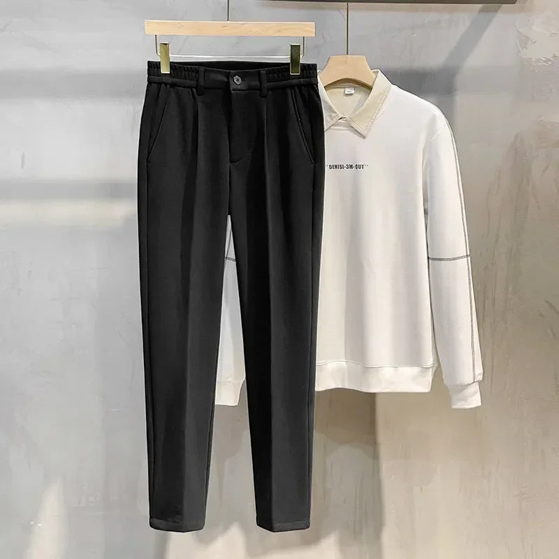 Men's Thick Wool Suit Trousers Elastic Waist – Korean Formal Straight Cut Grey Brown Autumn