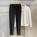 Men's Thick Wool Suit Trousers Elastic Waist – Korean Formal Straight Cut Grey Brown Autumn
