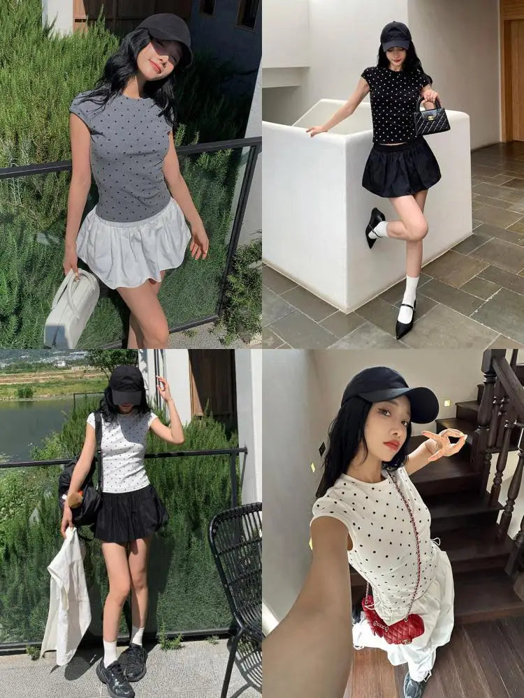 Camiseta Yedinas Streetwear de lunares para mujer, manga corta, estilo coreano, ajustada, vintage, tops de verano, camisetas Y2K, chic