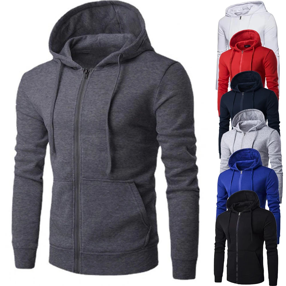Men's Slim Fit Zip-Up Hoodie – Casual Autumn Winter, Solid Colors