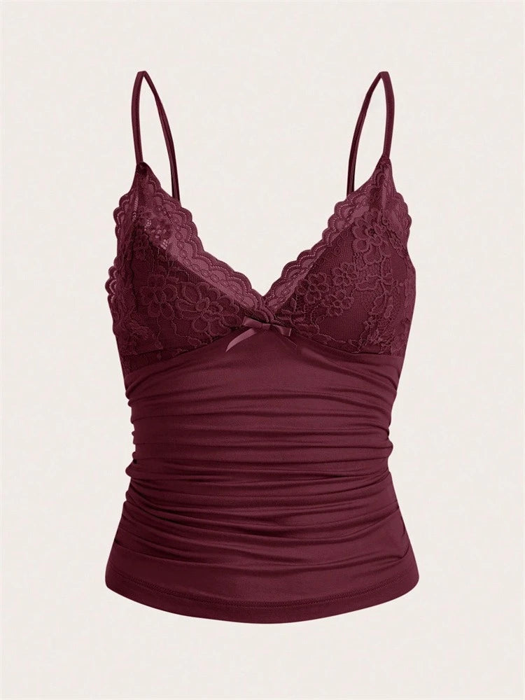 Top Cami con Encaje & Lazo Mujer – Estilo Y2K Grunge Punk, Espalda Fruncida