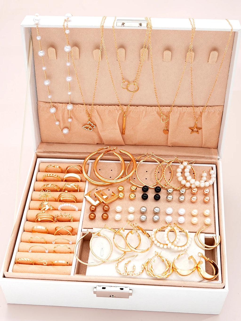 Set de Joyería 86 Piezas con Perlas – Collar, Pendientes & Anillos, Regalo Mujer