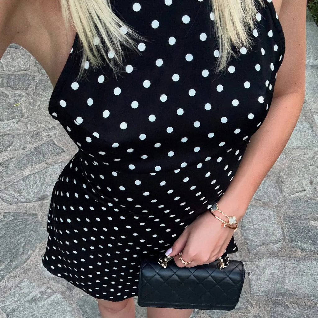 Women's Polka Dot Halter Mini Dress – Elegant, Backless, Party