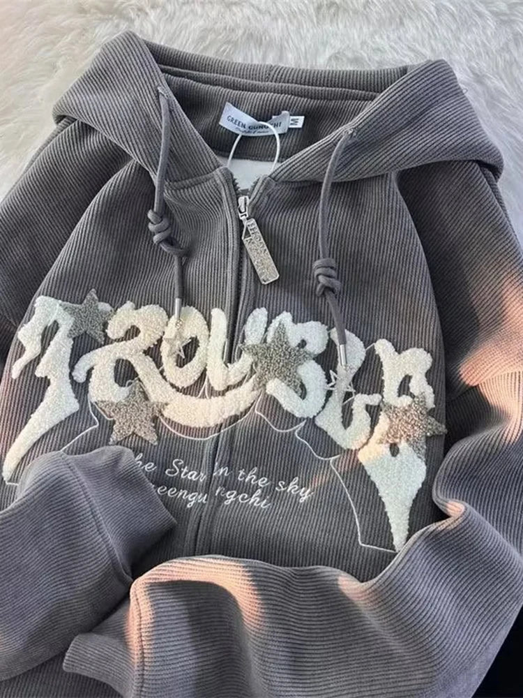 Y2K Oversized Zip-Up Hoodie with Embroidery Grey