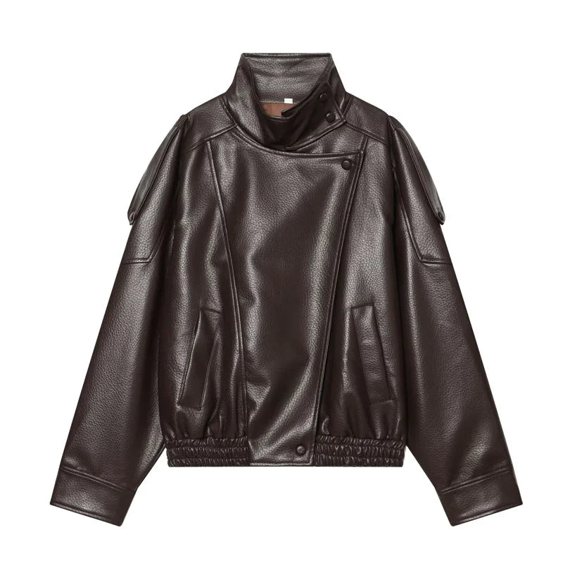 Chaqueta Mujer Polipiel Cuello Alto – Slim Fit Elegante Otoño Invierno, Colores Sólidos