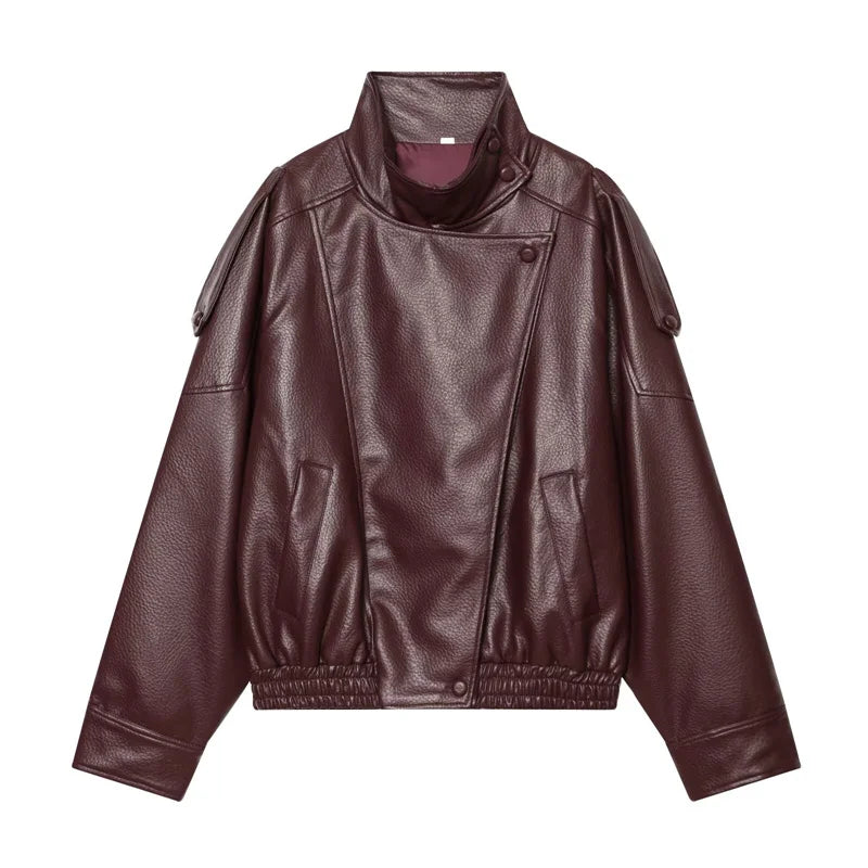 Chaqueta Mujer Polipiel Cuello Alto – Slim Fit Elegante Otoño Invierno, Colores Sólidos
