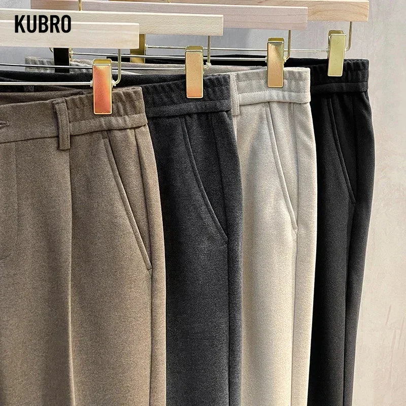Men's Thick Wool Suit Trousers Elastic Waist – Korean Formal Straight Cut Grey Brown Autumn