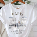 Camiseta estilo años 90 con estampado de París para mujer y chica; manga corta, cuello redondo, prenda casual ideal para primavera y verano.