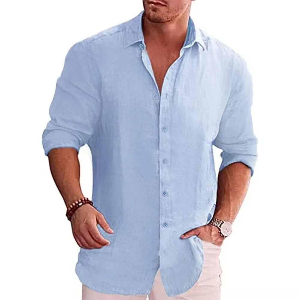 Men's Cotton Linen Long Sleeve Solid Color Shirt – Casual Plus Size