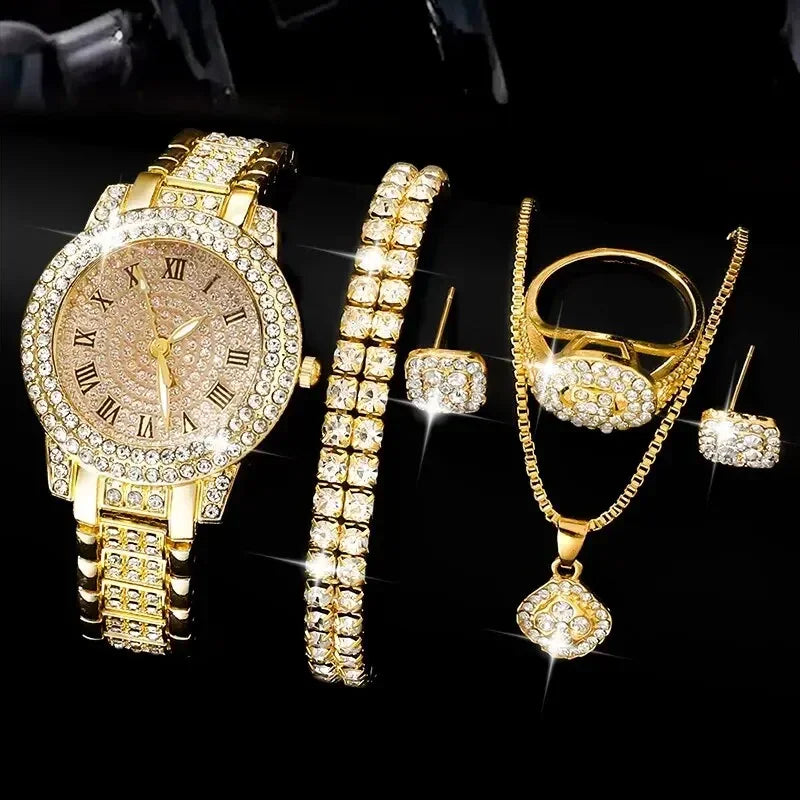 Set de Joyeria Dorada para Mujer – Reloj, Collar, Pendientes & Pulsera con Diamantes