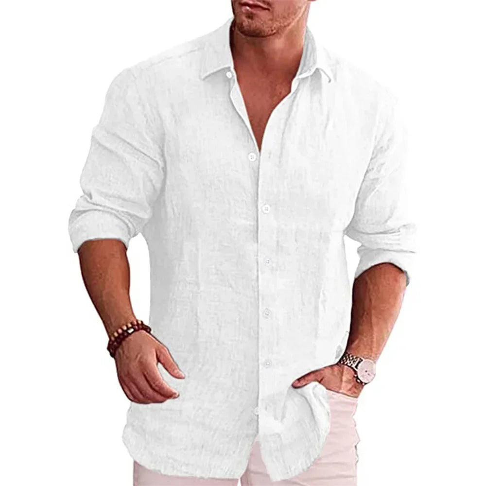 Men's Cotton Linen Long Sleeve Solid Color Shirt – Casual Plus Size