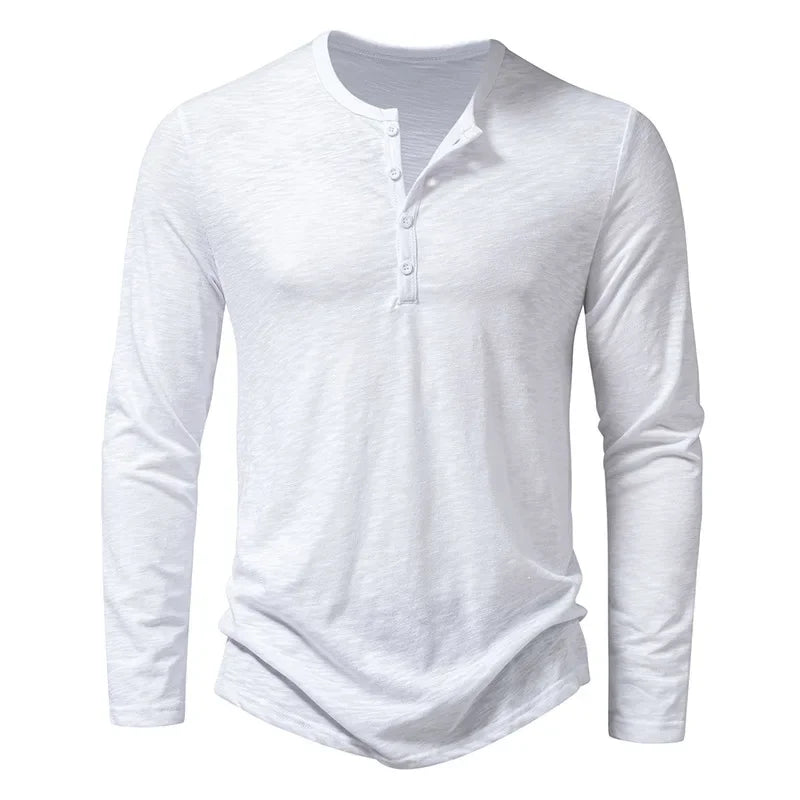 Men's Henley Neck Long Sleeve Slim Fit Button Shirt – Solid Breathable Cotton Casual Autumn