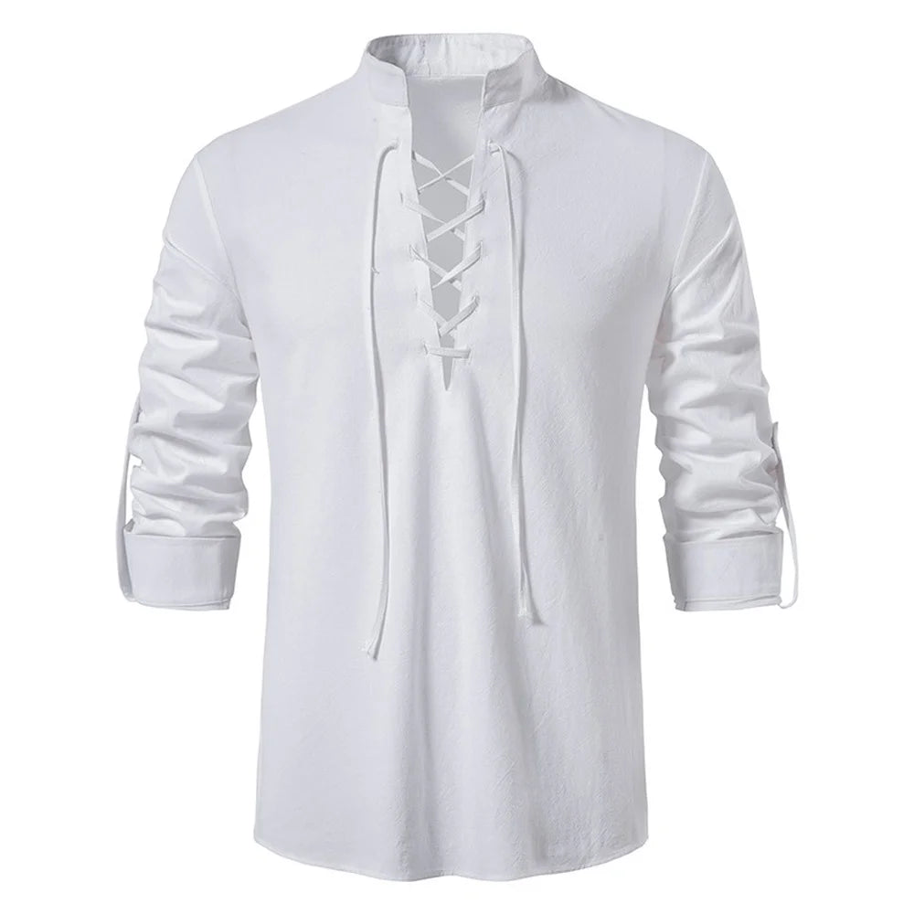 Camisa Hombre Lino Algodón Manga Larga Tapeta Diagonal – Estilo Vintage Yoga Casual Primavera Otoño