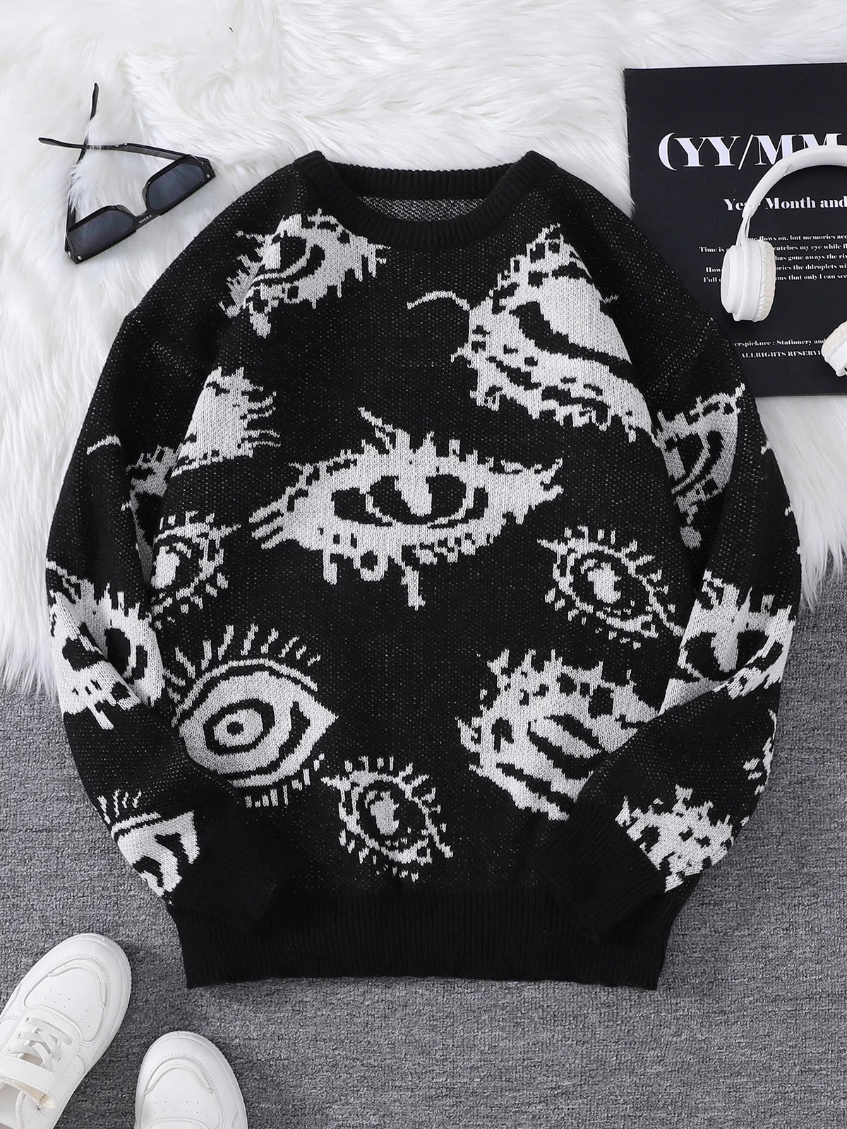 Abstract Eye Motif Jacquard Sweater – Casual Fall-Winter Pullover