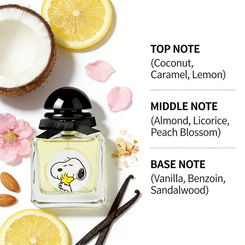 Miniso Snoopy Peanuts Women's Eau De Toilette Comforting Fruity Floral Scent with Strawberry Rose & Vanilla Sweetness Pink Square Bottle Gift for Women