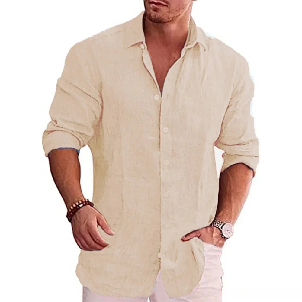Men's Cotton Linen Long Sleeve Solid Color Shirt – Casual Plus Size