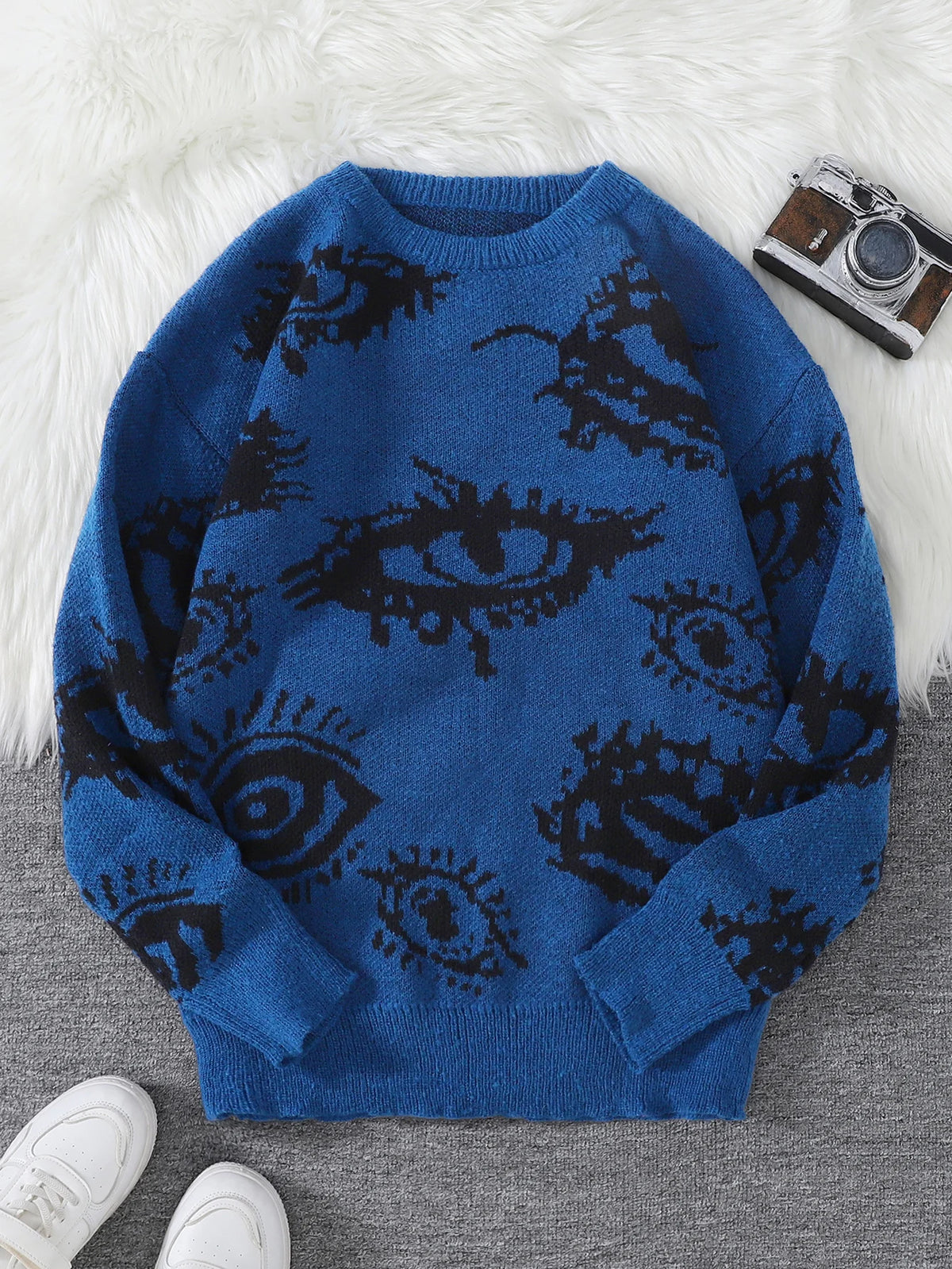 Abstract Eye Motif Jacquard Sweater – Casual Fall-Winter Pullover