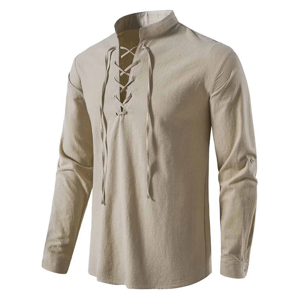 Camisa Hombre Lino Algodón Manga Larga Tapeta Diagonal – Estilo Vintage Yoga Casual Primavera Otoño