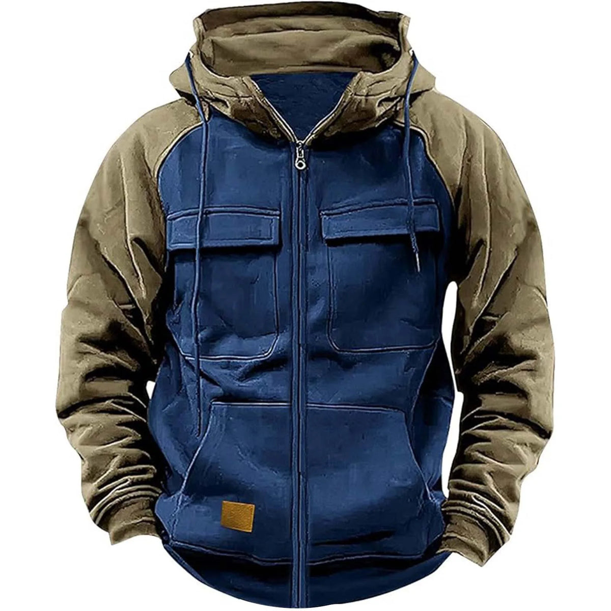 Men's Patchwork Full-Zip Fleece Hoodie – Warm Multi-Pocket Fall Winter Jacket
