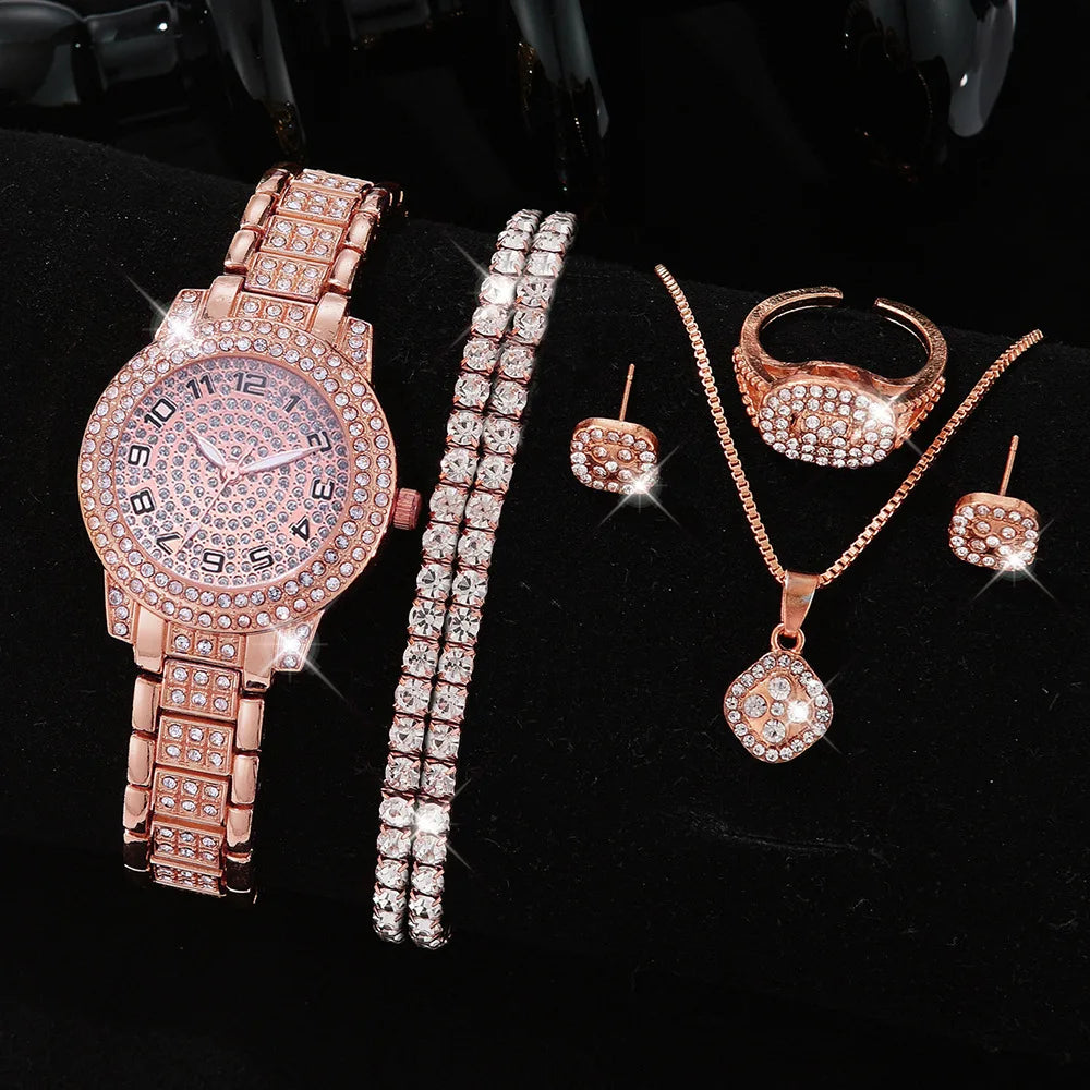 Set de Joyeria Dorada para Mujer – Reloj, Collar, Pendientes & Pulsera con Diamantes
